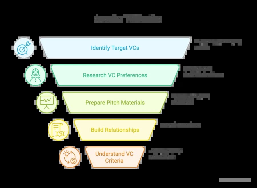 Complete Guide to Securing VC Funding - Strategic process showing research, preparation, and relationship building for startup investment success